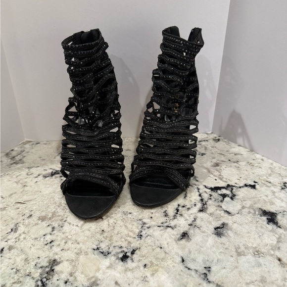 bebe Shoes - Bebe open toe stiletto webbed spiked chip heels